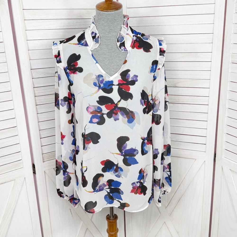 Cabi Orchid Blouse Chiffon V Neck Ruffle Trim Ballon Sleeve White Multi Small